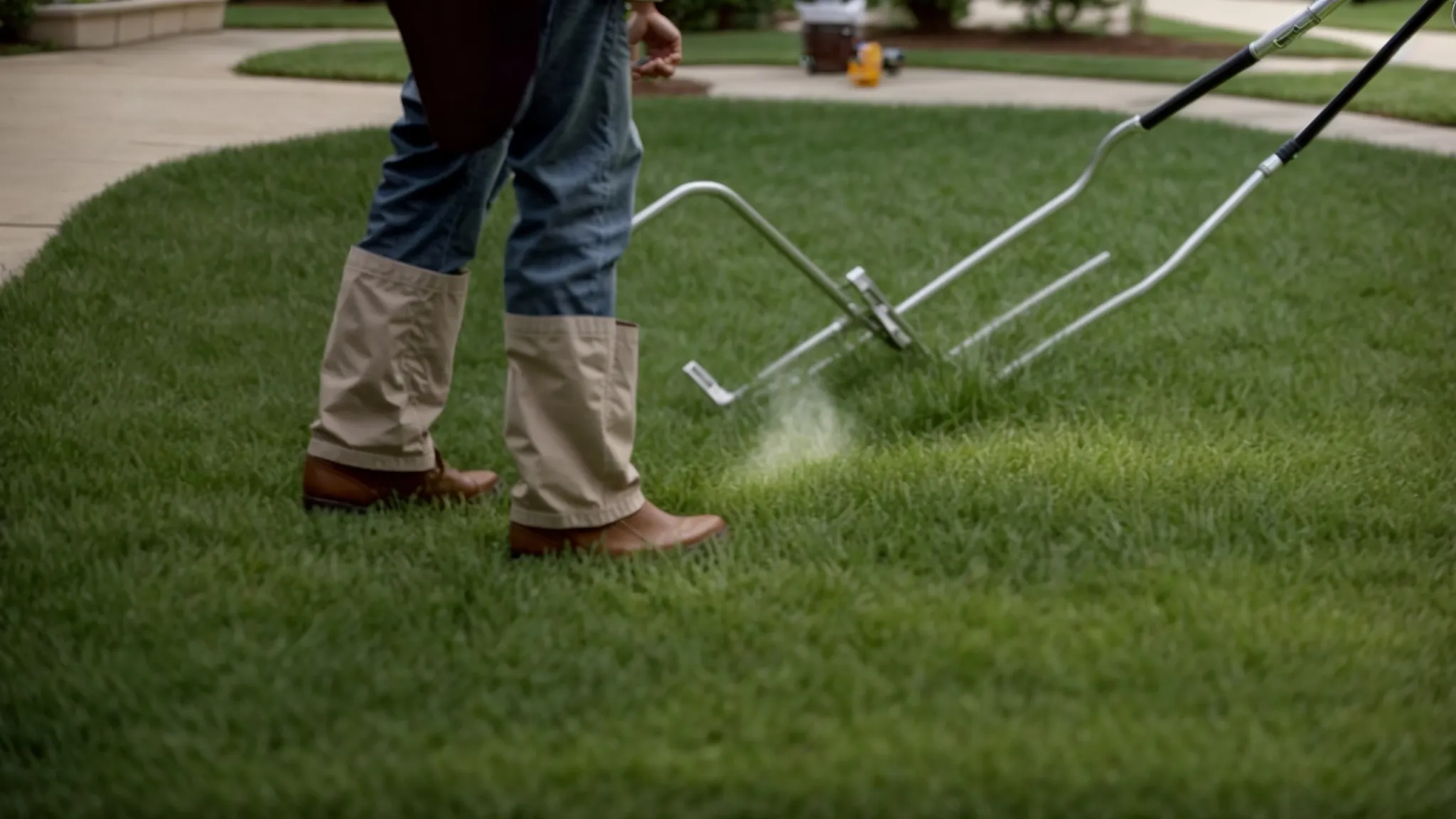 a wide, lush green lawn surrounds a quaint lenexa home, with a lawn care professional pushing a fertilizer spreader across the grass.