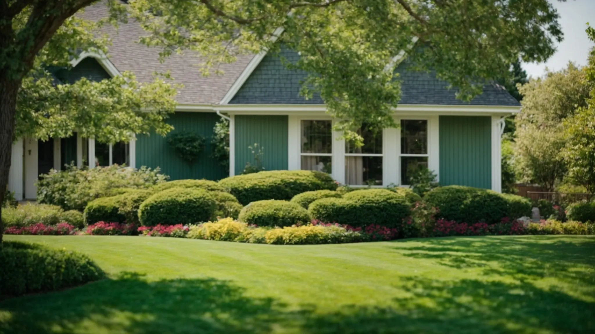 lush, beautifully manicured green lawn stretching in front of a cozy suburban home under clear blue skies.