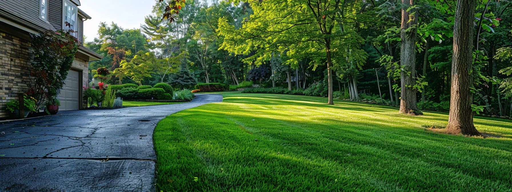 a lush and well-trimmed green lawn leading up to a driveway with no overgrowth or brown patches, reflecting pride and care in the home's appearance.